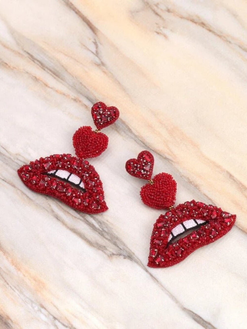 Deepa Gurnani Red Beaded Rhinestone Handmade Lip & Heart Drop Earrings